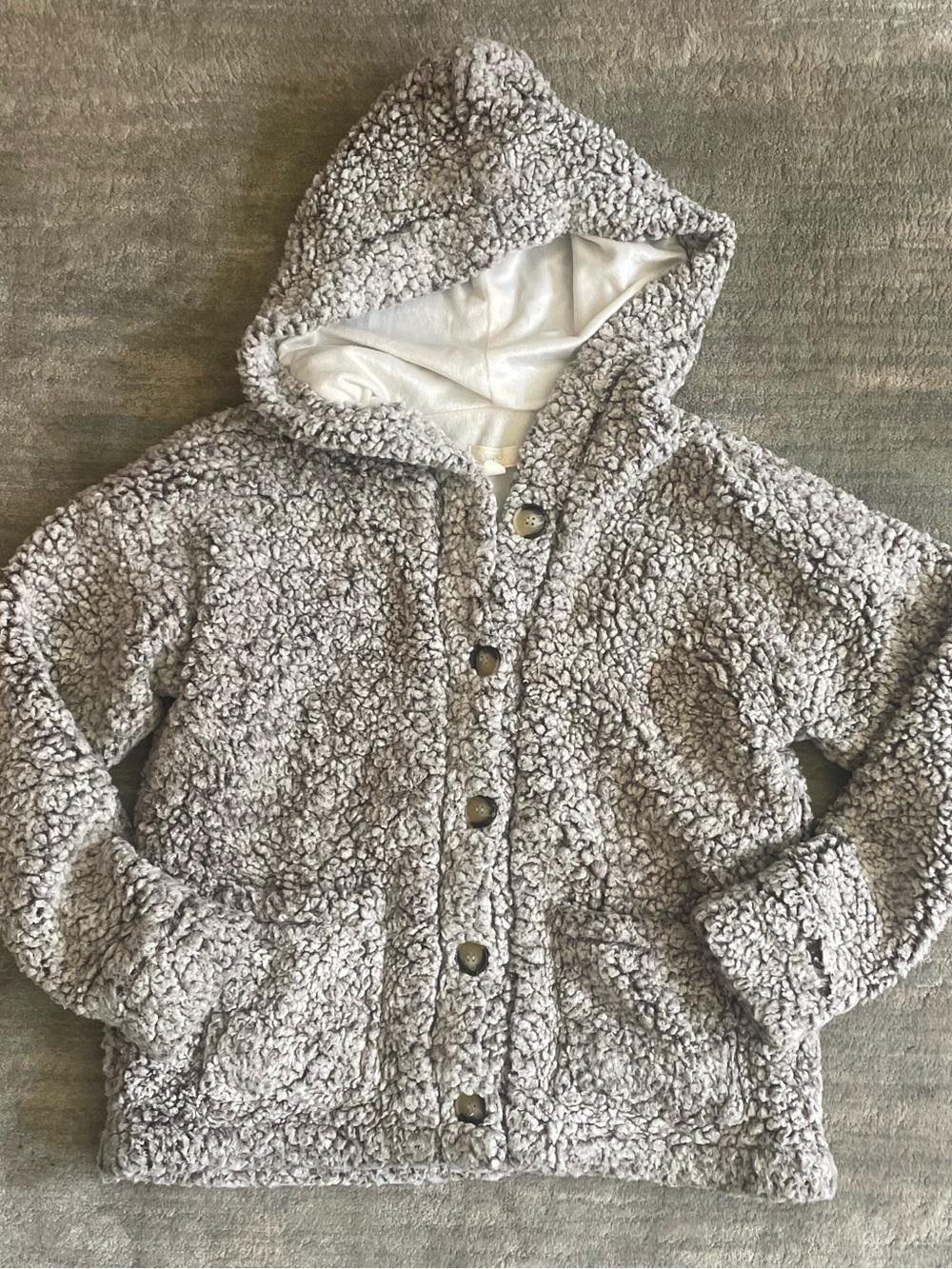 Cupio Taupe Teddy Bear Sherpa Fleece Hooded Button Up Jacket